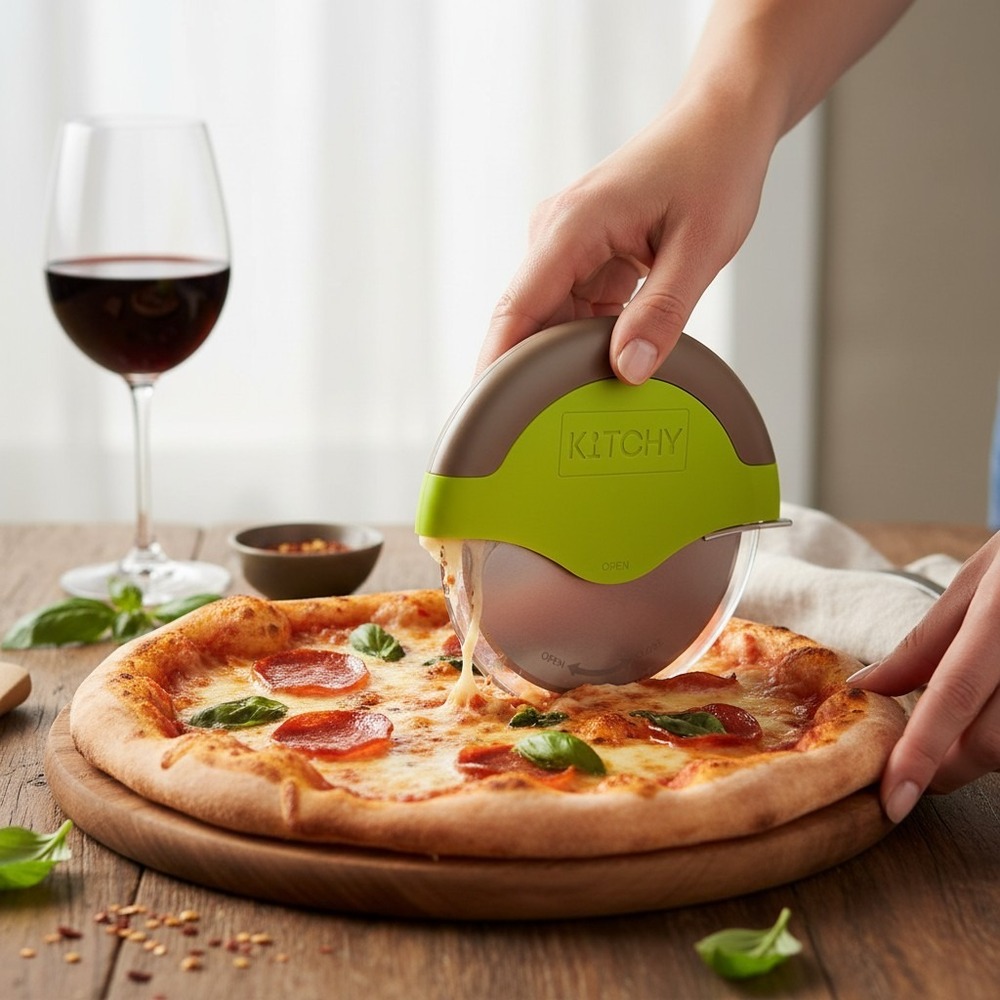 Kitchy Pizza Cutter Wheel Green Stainless Steel Blade Guard New